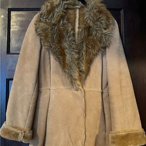 St. John's Bay Tan Penny Lane Style Coat with Faux Fur Collar